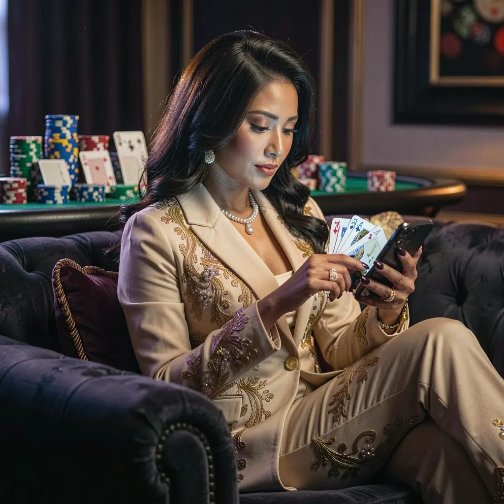 Stylish Malaysian woman relaxing on a sofa while using the MAHKOTA8 casino app with glowing chips and cards in the background