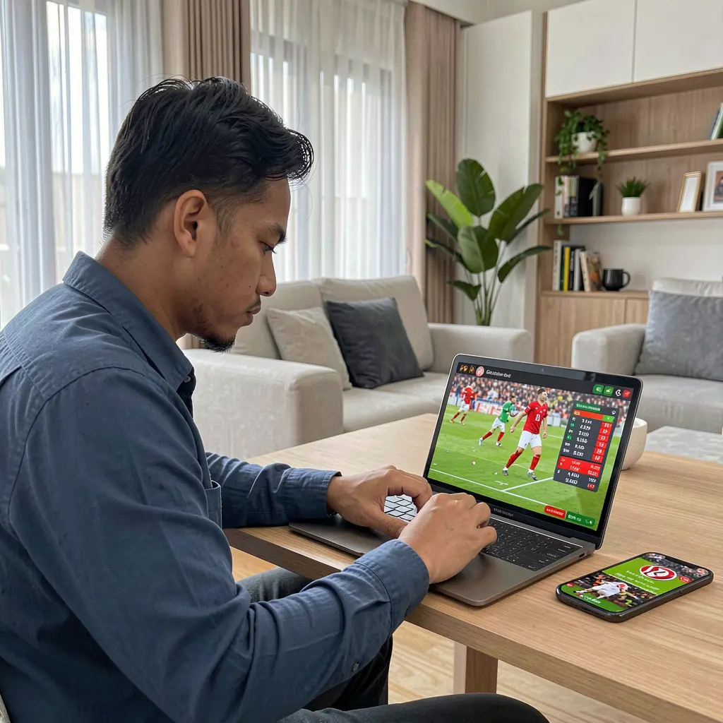 Focused Malaysian sports bettor using a laptop at home with live soccer action displayed while placing bets on the MAHKOTA8 platform