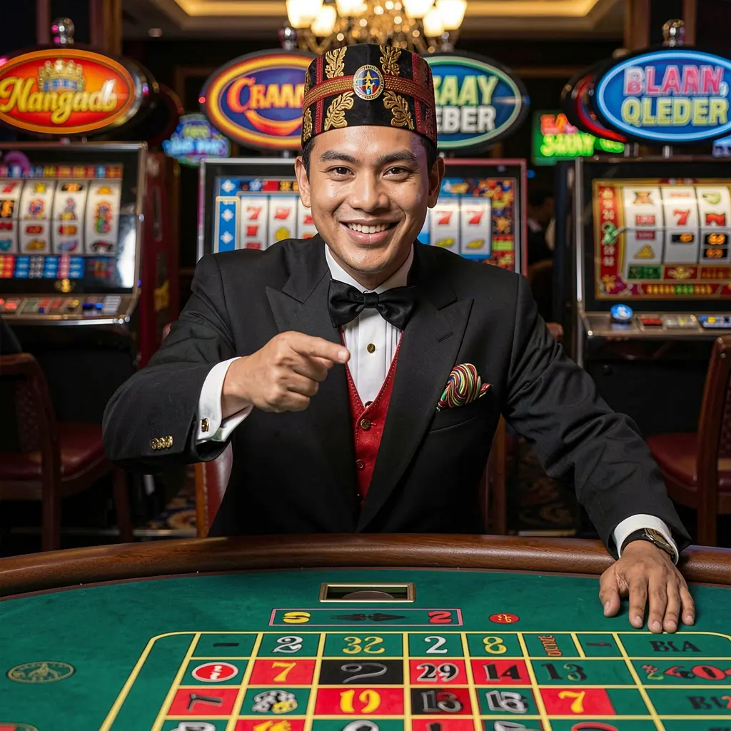 MAHKOTA8 Login – Easy and smooth sign in for Malaysian casino players Friendly MAHKOTA8 casino dealer welcoming players to the login experience in Malaysia with vibrant roulette and slot machine visuals