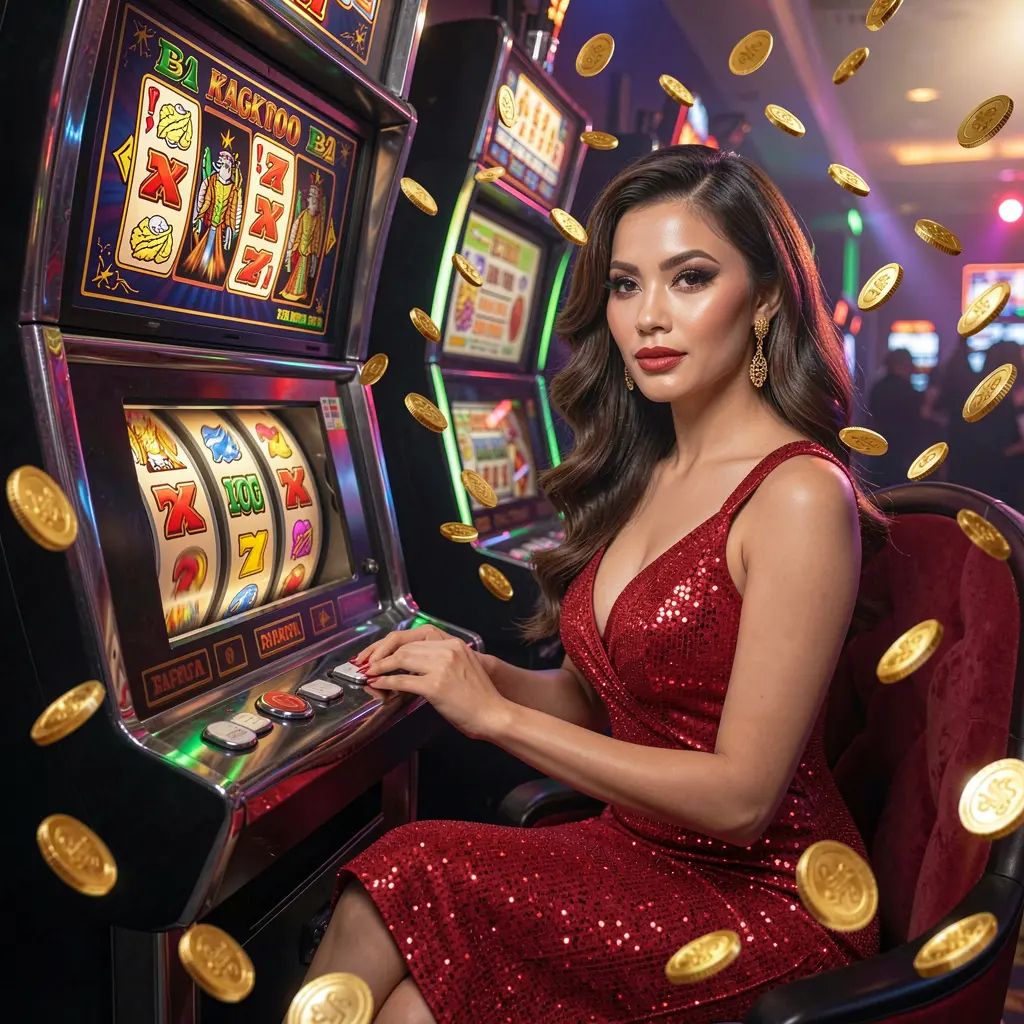 A glamorous woman in a sparkling red dress playing premium slot machines at MAHKOTA8 casino surrounded by golden coins and cinematic casino lights in Malaysia